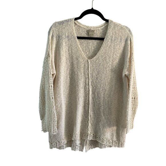 Lucky Brand Women SZ L Ivory V-Neck Open Knit L/S Button Back Knit Sweater - Picture 1 of 9